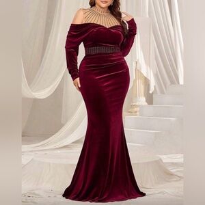 #674 Burgundy Velvet High Mesh Beading & Crystal Rhinestone Neckline Gown-4X